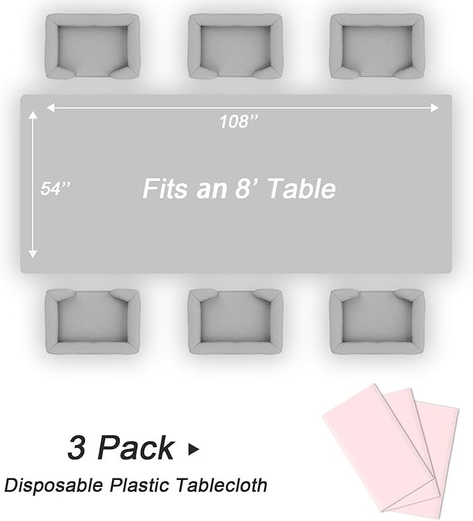 QIKSION Pink Plastic Table Cloth Disposable 3 Pack, 54 x 108 Inch