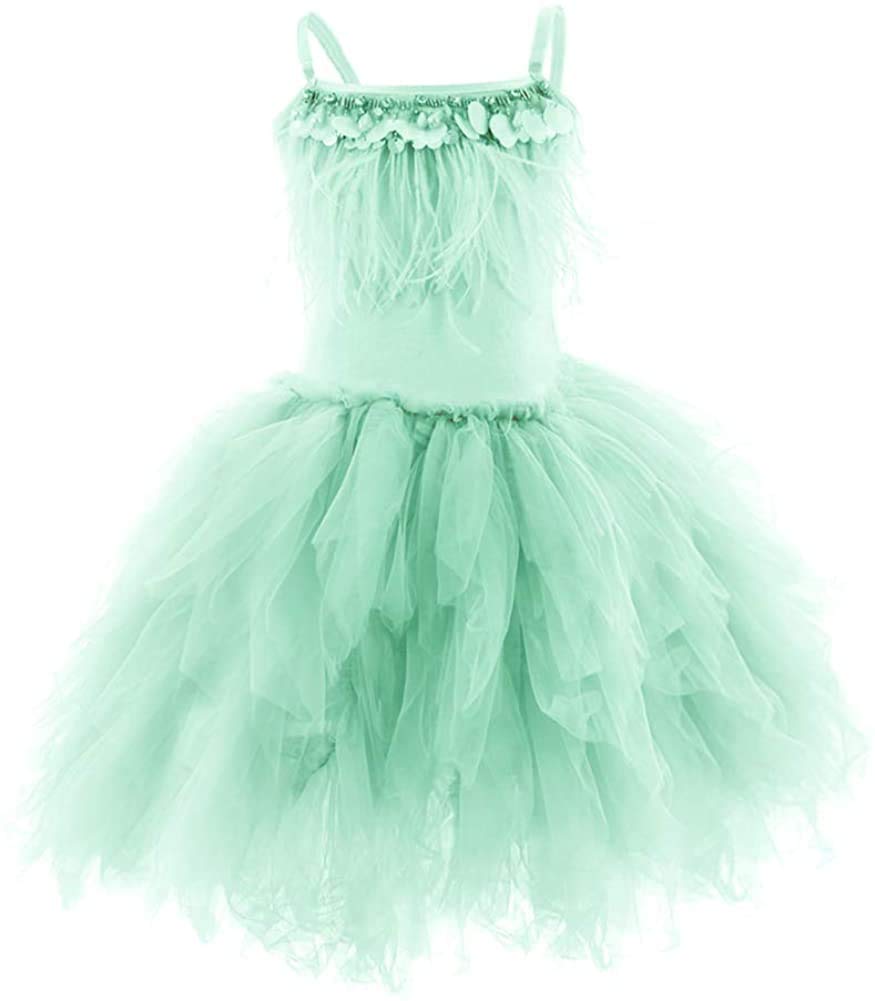 Kids Girls Spaghetti Strap Lace Feather Fringes Tutu Tulle Swan