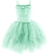 Kids Girls Spaghetti Strap Lace Feather Fringes Tutu Tulle Swan