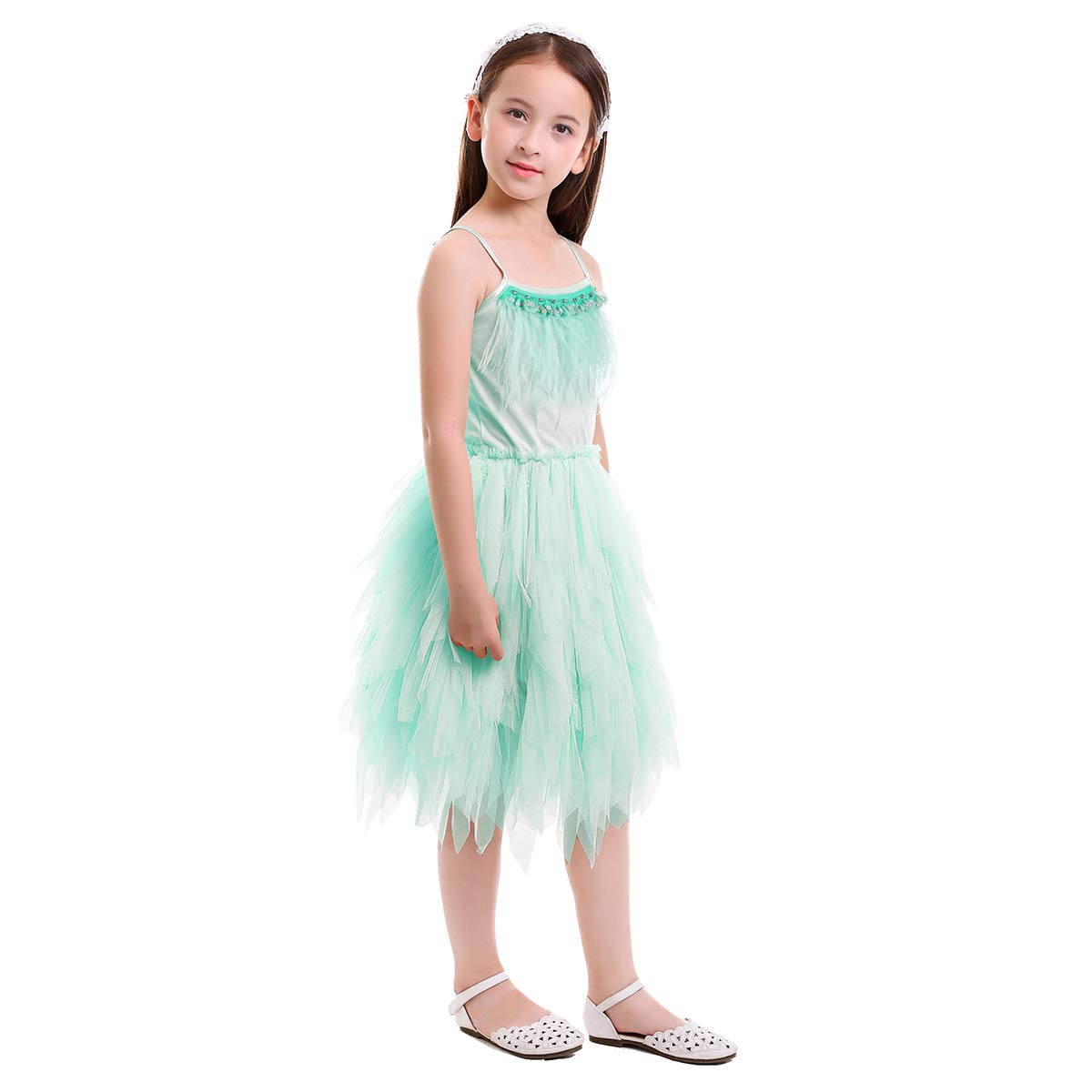 Kids Girls Spaghetti Strap Lace Feather Fringes Tutu Tulle Swan