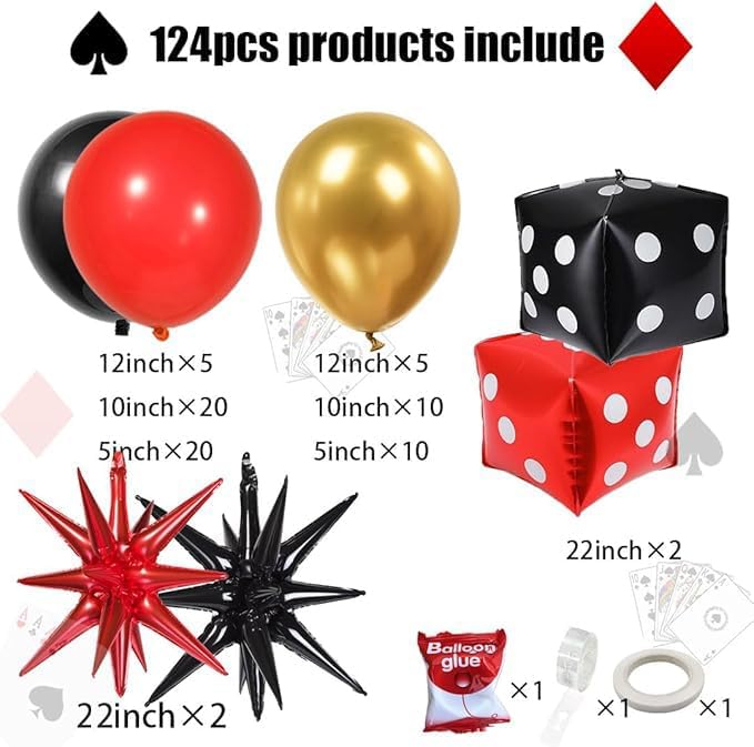 Casino Balloons Garland Arch Kit 124PCS red black and gold balloons
