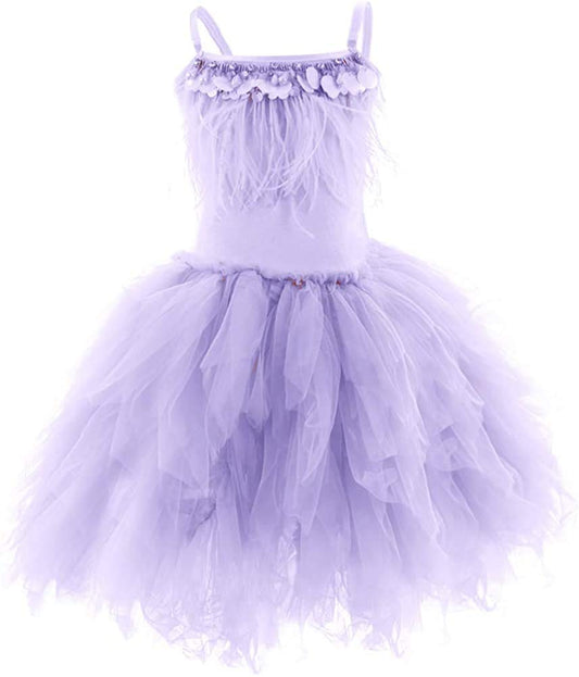 Girls Spaghetti Strap Swan Princess Dance Costume Feather Fringes