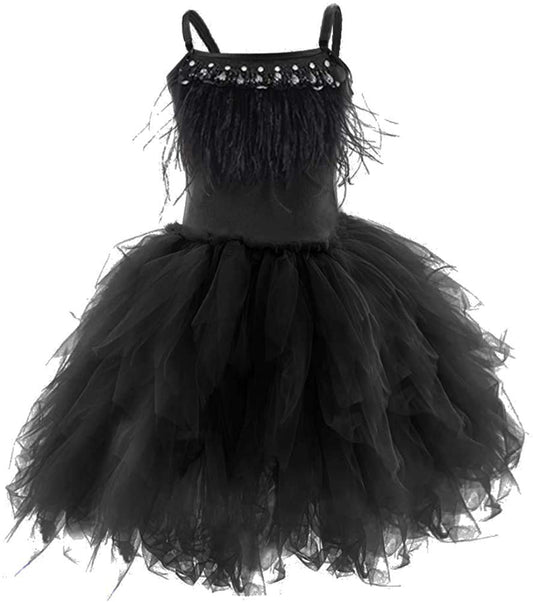 Kids Girls Spaghetti Strap Lace Feather Fringes Tutu Tulle Swan