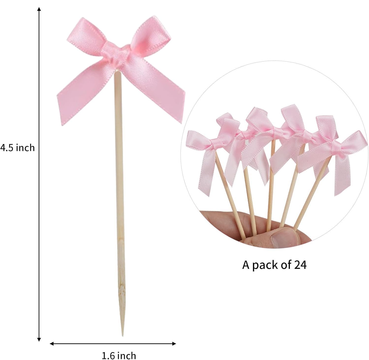 24pcs Bow Cupcake Toppers - Girls Pink Bow Cake Picks Party