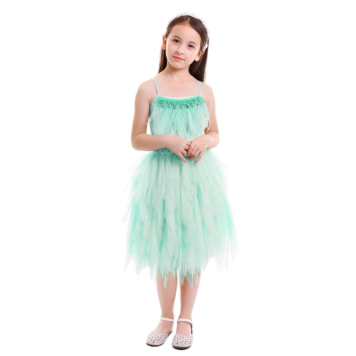 Kids Girls Spaghetti Strap Lace Feather Fringes Tutu Tulle Swan