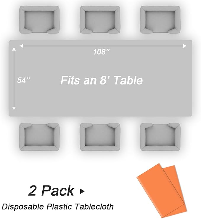 QIKSION Orange Plastic Table Cloth Disposable 2 Pack, 54 x 108 Inch