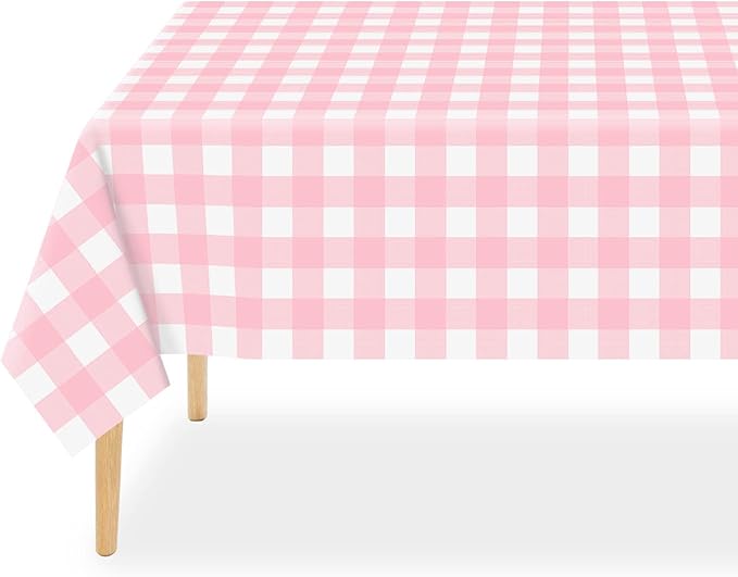 QIKSION Pink Gingham Tablecloth Disposable 6 Pack, 54 x 108 Inch Pink
