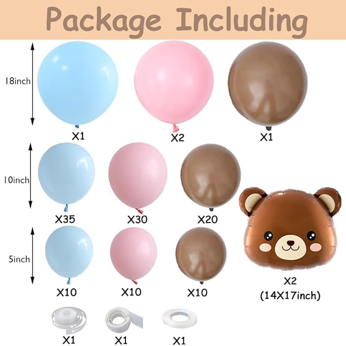 Bear Balloon Garland Arch Kit 121pcs Gender Reveal Blue Pink and