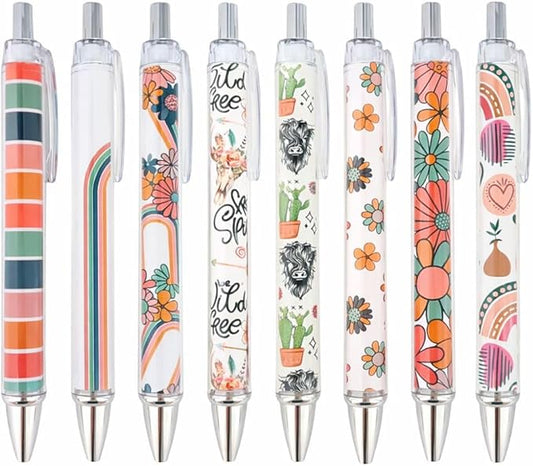 8PC Boho Pens Bohemian Rainbow Hippie Daisy Floral Cactus Highland