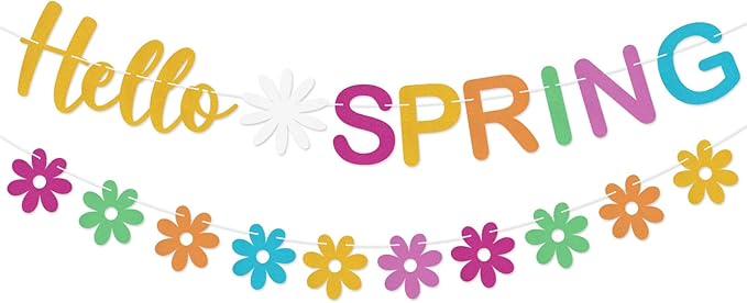 Hello Spring Banner Colorful Glitter Spring Wildflower Banner