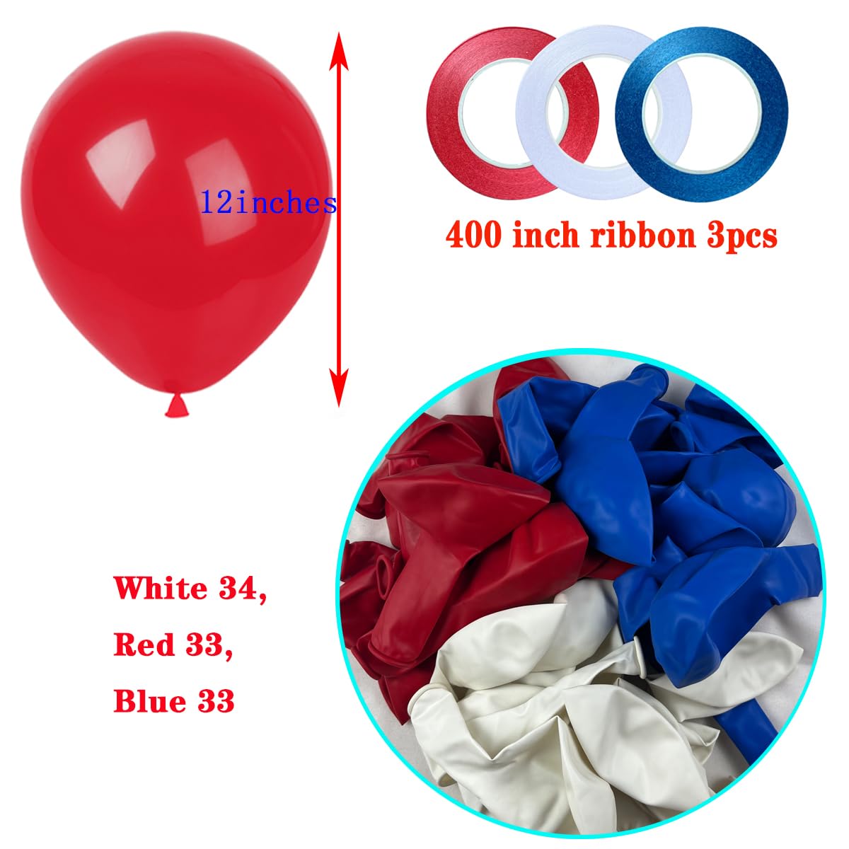 KADBANER White Red Blue Balloons,100 Pack 12 Inch Latex Balloons,for