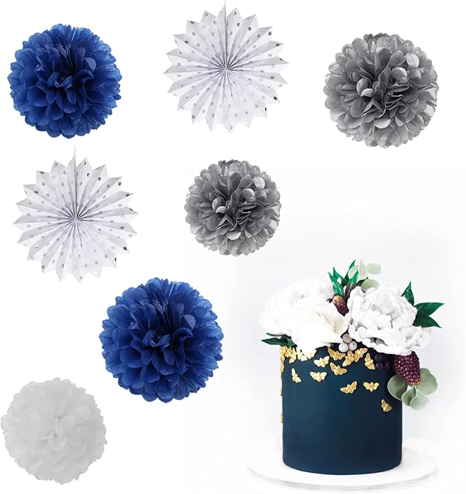 Navy-Blue White Silver Party Decorations - 14pcs Kits Paper Lanterns