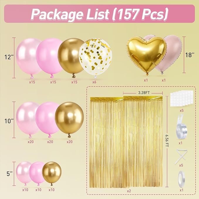 157PCS Pink and Gold Balloons Garland Arch Kit with Gold Fringe