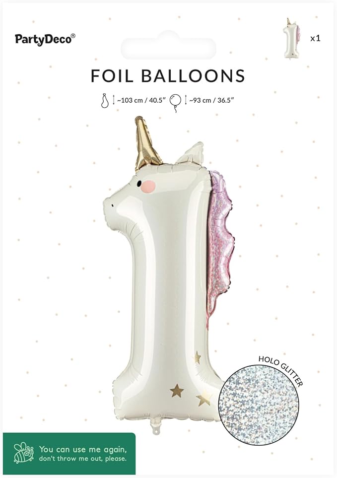 Unicorn Number 1 Balloon PartyDeco 36.5 Inch Holographic Foil 1st