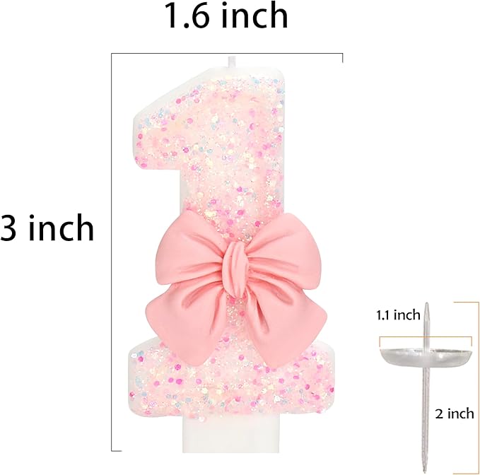 Birthday Candle for Cake, 1 Candle - Pink Glitter with Bowknot, 2.76