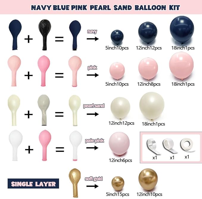 Navy Blue Pink Gold Balloon Arch Kit Double Stuffed Dark Blue Pastel