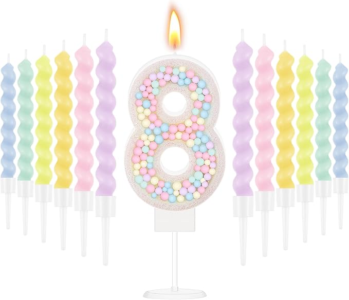 MTLEE Number 8 Birthday Candle with 12 Pcs Spiral Candles for Girls