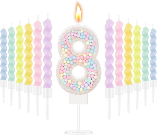 MTLEE Number 8 Birthday Candle with 12 Pcs Spiral Candles for Girls