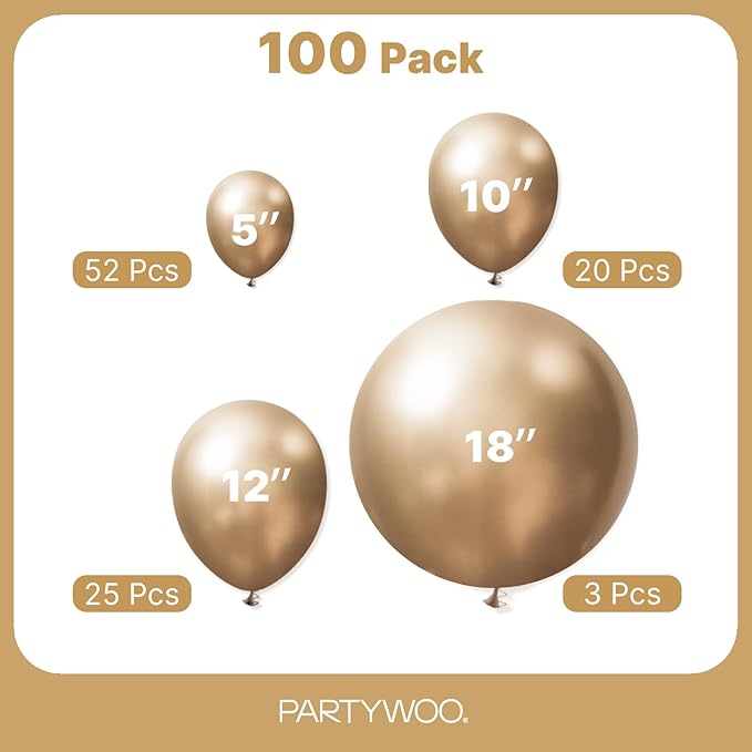 PartyWoo Metallic Gold Balloons 100pcs Different Sizes of 18 12 10 5