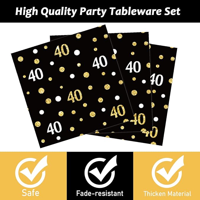 96 Pcs 40th Birthday Plates and Napkins Party Supplies Black Gold