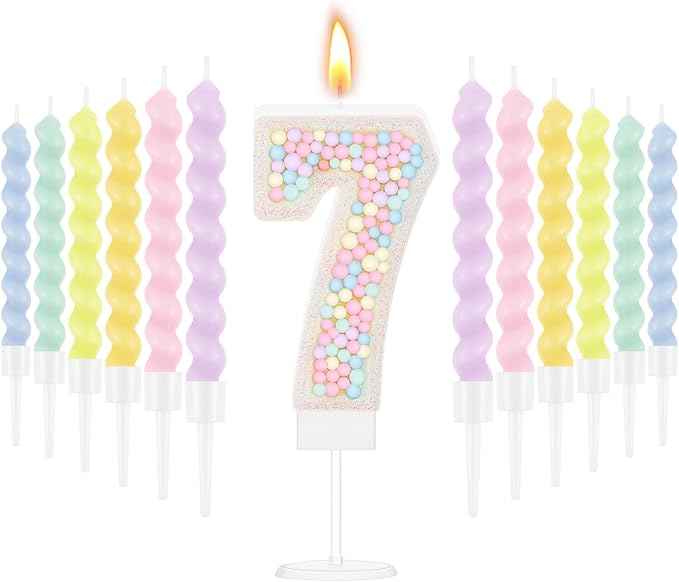 MTLEE Number 7 Birthday Candle with 12 Pcs Spiral Candles for Girls Ma