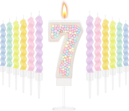 MTLEE Number 7 Birthday Candle with 12 Pcs Spiral Candles for Girls Ma
