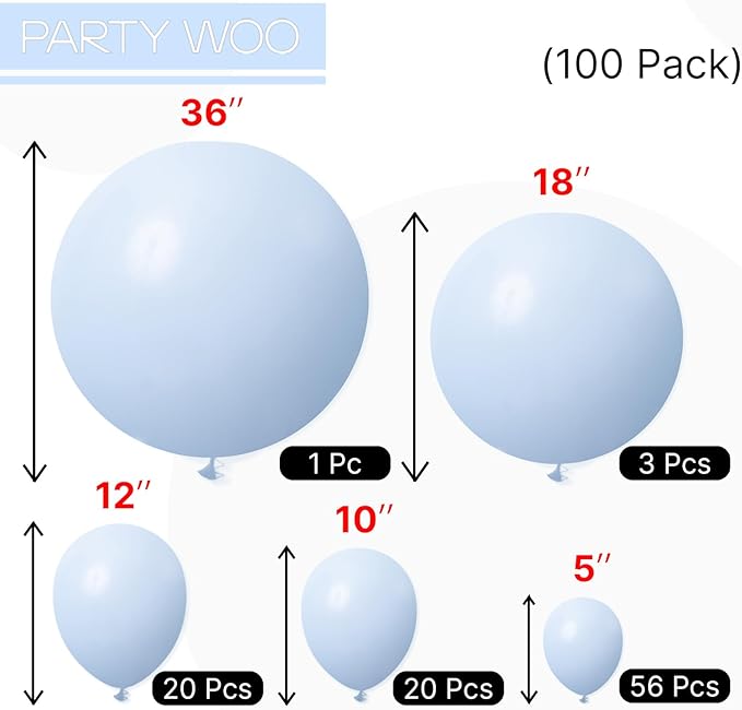 PartyWoo Baby Blue Balloons 100 pcs Different Sizes of 36 18 12 10 5