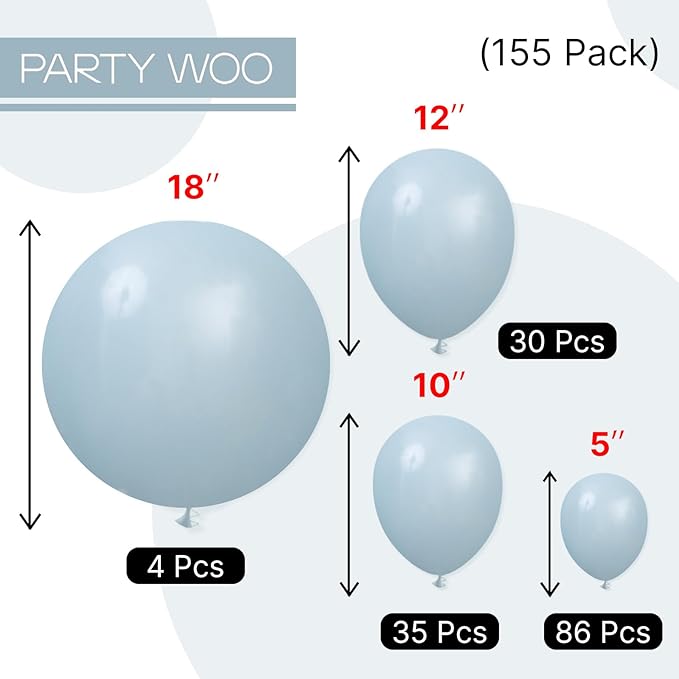 PartyWoo Dusty Blue Balloons 155pcs Different Sizes of 18 12 10 5