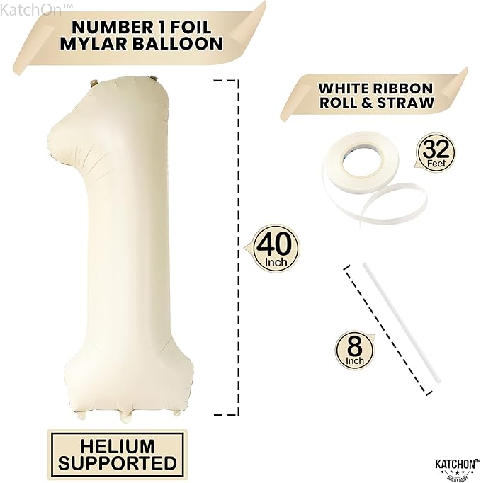 KatchOn, Cream Number 1 Balloons for 1st Birthday - Giant 40 Inch |