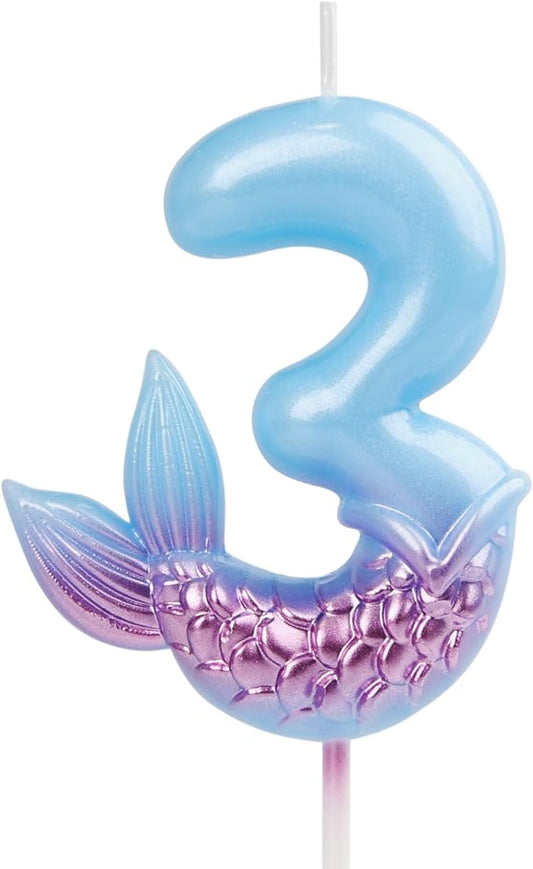 Mermaid 3 Candle,Mermaid Birthday Candler 3,Mermaid 3rd Birthday