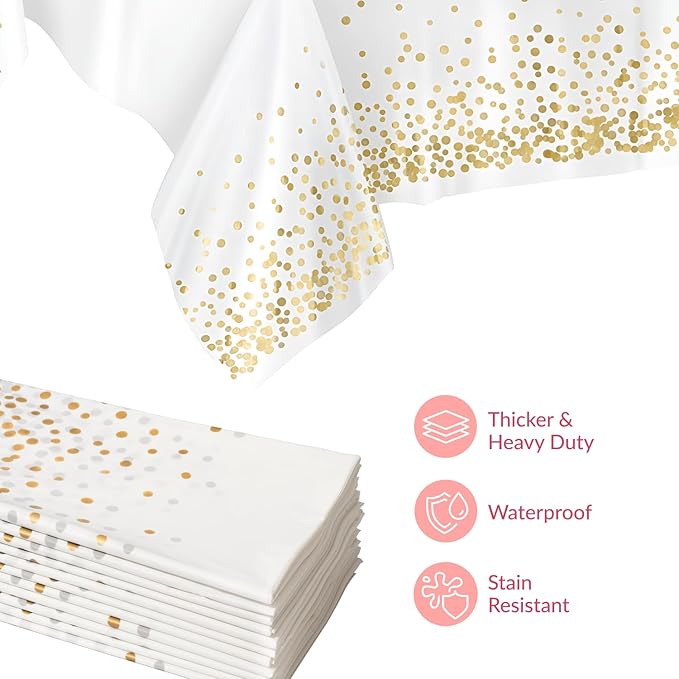 Prestee 12-Pack White and Gold Tablecloth - 54x108 Inch - Disposable