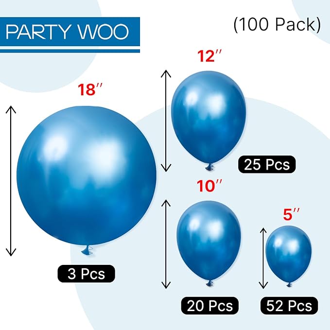 PartyWoo Metallic Blue Balloons 100pcs Different Sizes of 18 12 10 5