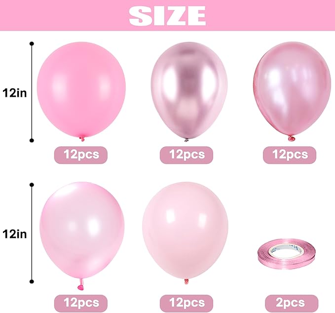 Pink Balloons Set, 60 Packs 12 Inch Metallic Chrome Pink Pearl