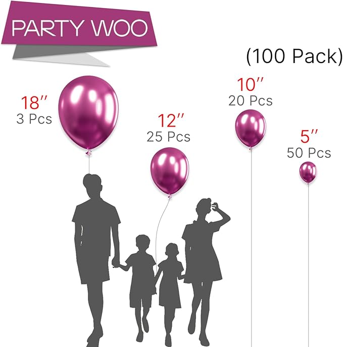 PartyWoo Metallic Hot Pink Balloons 100pcs Different Sizes of 18 12