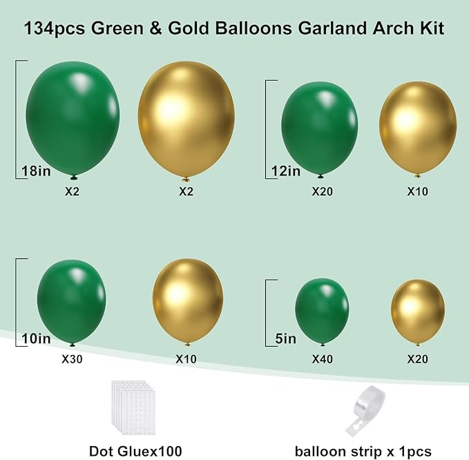 Green and Gold Balloons Arch Garland Kit, 134pcs Metallic Gold and