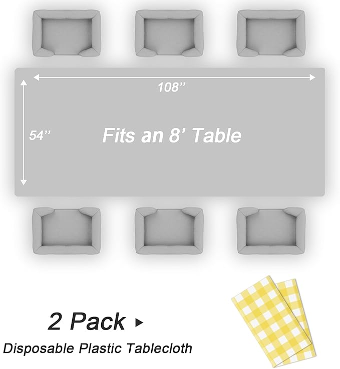 QIKSION Yellow Gingham Tablecloth Disposable 2 Pack, 54 x 108 Inch