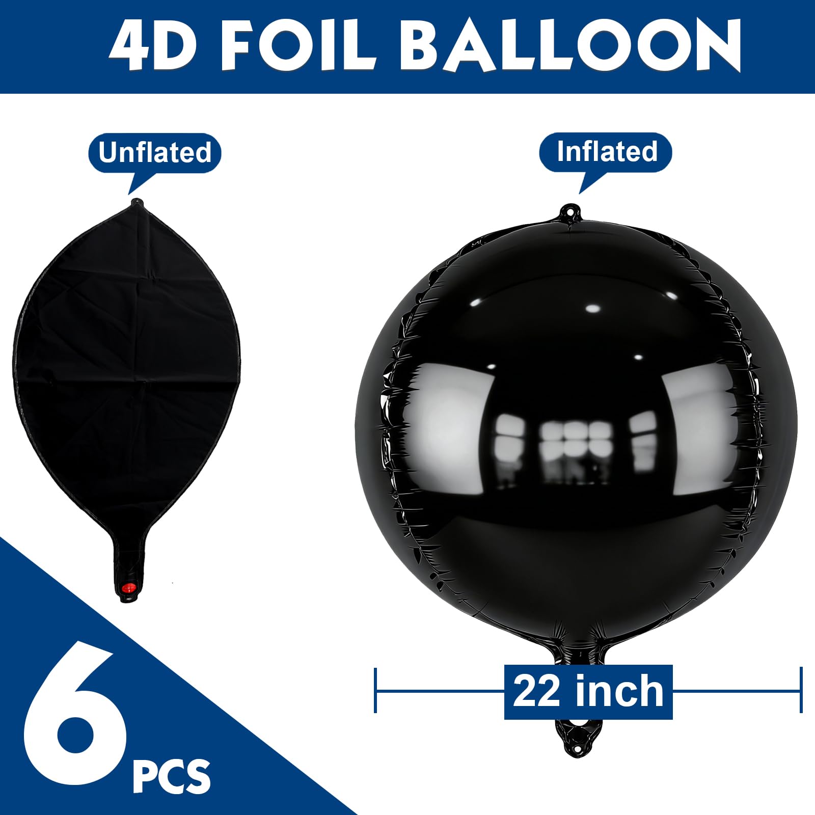 Metallic Black Round Foil Balloons, 22" Large 4D Sphere Mylar Balloons