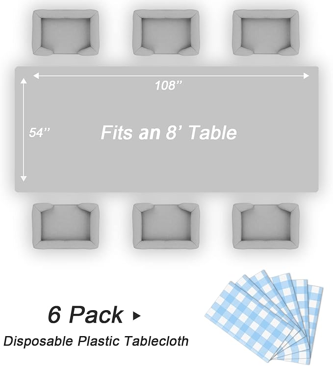 QIKSION Light Blue Gingham Tablecloth Disposable 6 Pack, 54 x 108