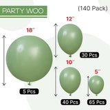 PartyWoo Sage Green Balloons 140pcs Different Sizes Pack of 18 12 10