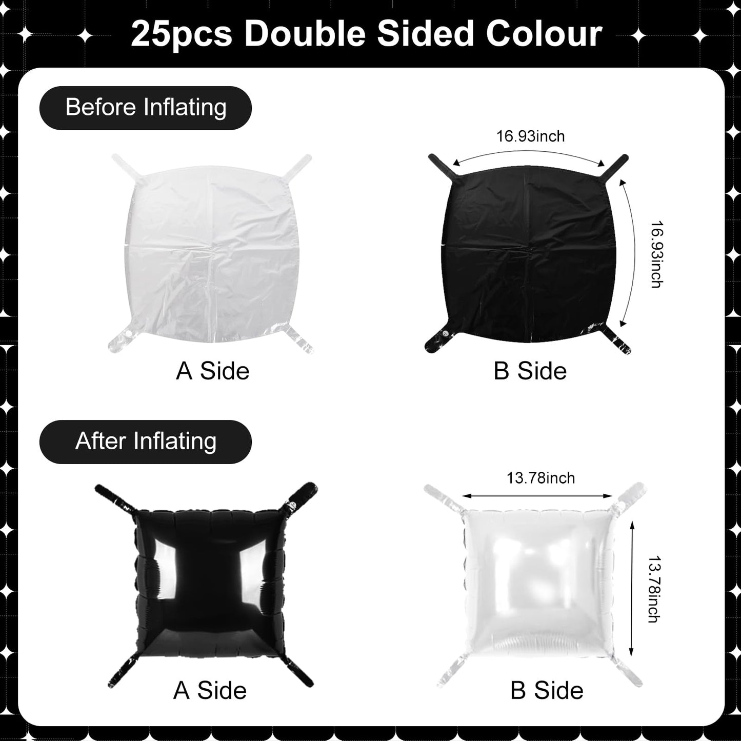 Black and White Square Foil Balloons 25 Pcs Metallic Black and White