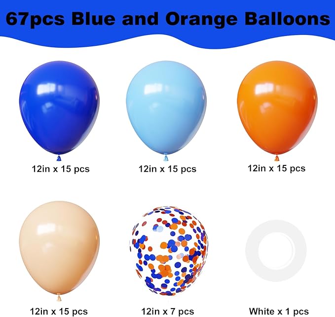 YMSZ Blue and Orange Balloons, 67pcs 12 Inch Royal Light Blue and