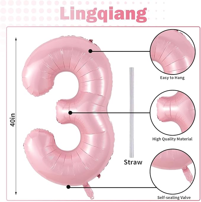 Pastel Pink Number 3 Balloon, 40 Inch Giant Pearl Light Pink Helium