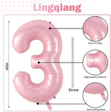 Pastel Pink Number 3 Balloon, 40 Inch Giant Pearl Light Pink Helium