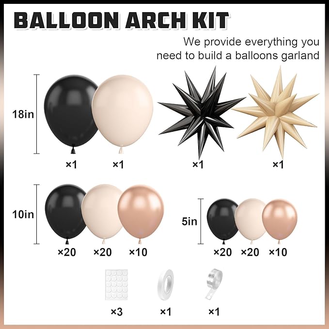 Sand White Black Gold Balloon Arch Kit,Balloon Garland with Star Foil