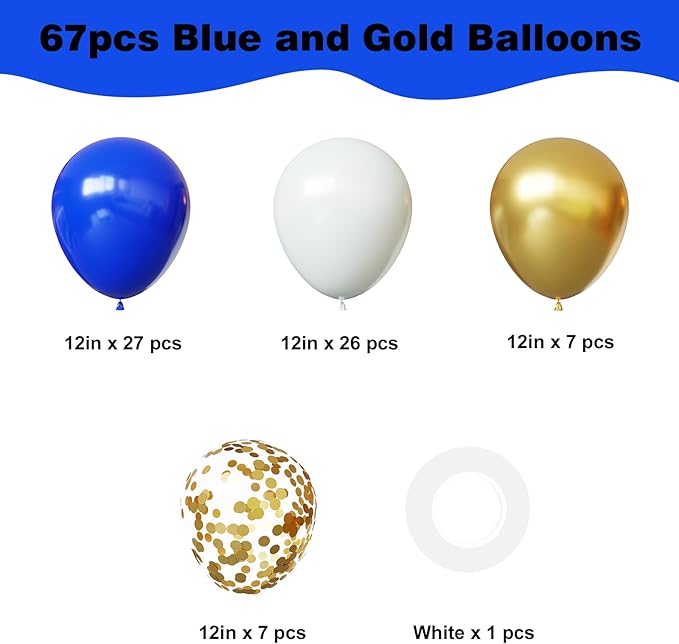 YMSZ Blue and Gold Balloons Set, 67pcs 12 Inch Royal Blue Gold White