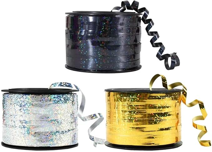 BEISHIDA 3 Pack 100 Yards Gold Silver Black Curling Crimped Glitter