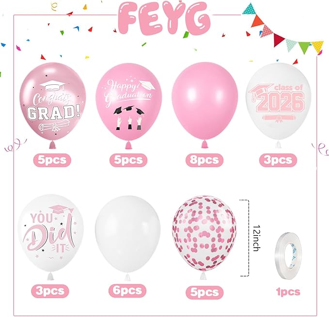 Pink Graduation Balloons,12 Inch Pink and Rose Gold Printed 2026,You