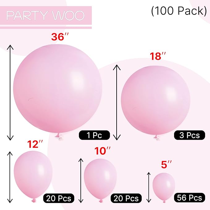 PartyWoo Baby Pink Balloons 100 pcs Different Sizes of 36 18 12 10 5