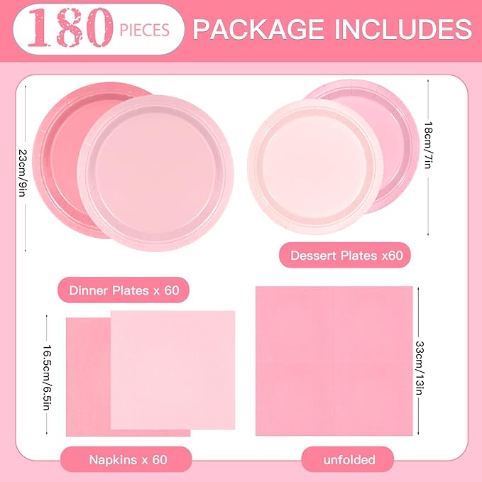180Pcs Pink Paper Plates Party Supplies Boho Paper Plates and Napkins