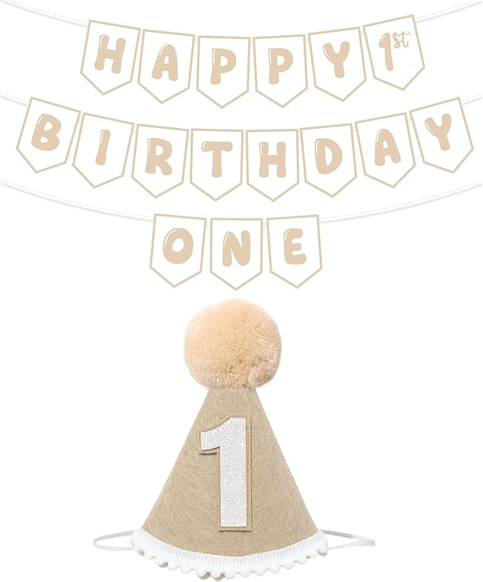 Beige Pre Strung Happy 1st Birthday Banner and One Birthday Hat for